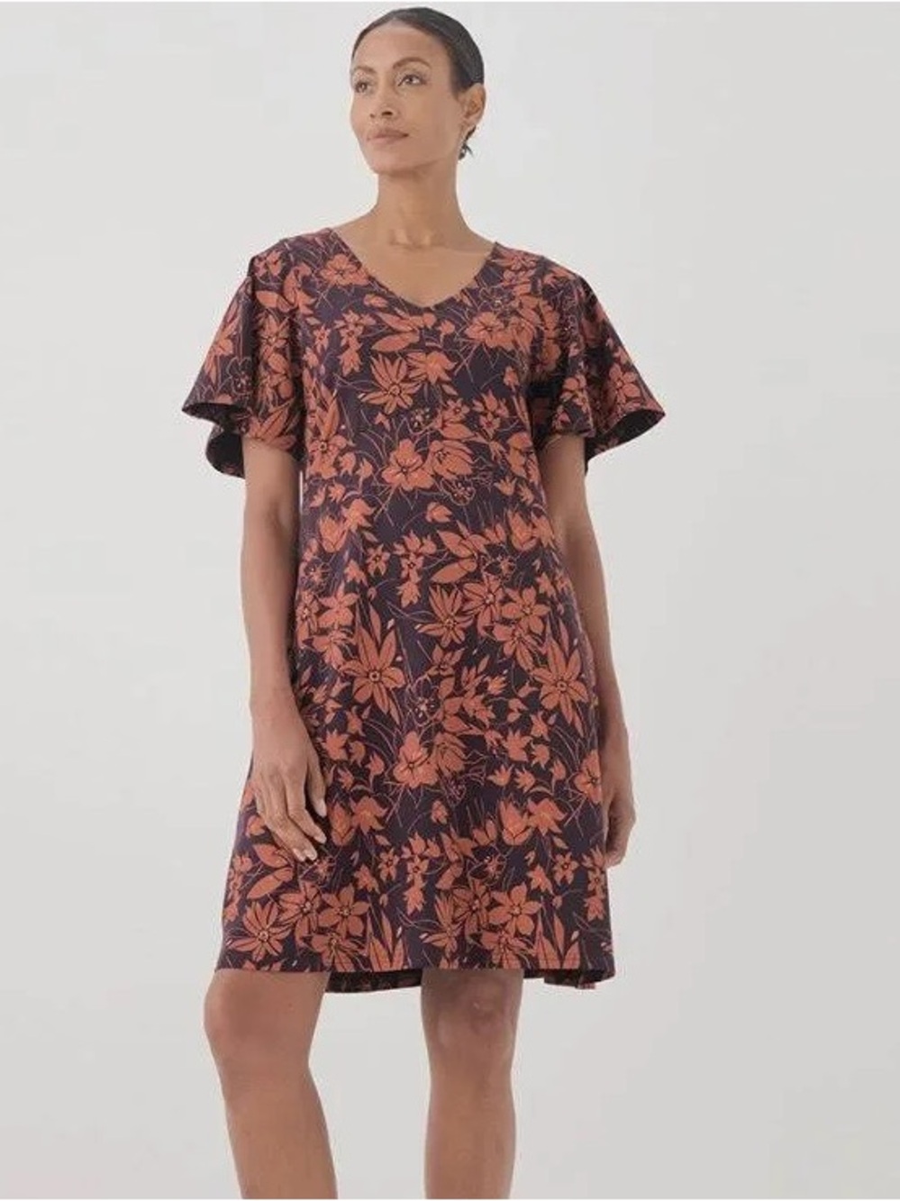 Pact Purple Orange Floral Flutter Sleeve Short Sleeve Fit & Flare Easy Dress